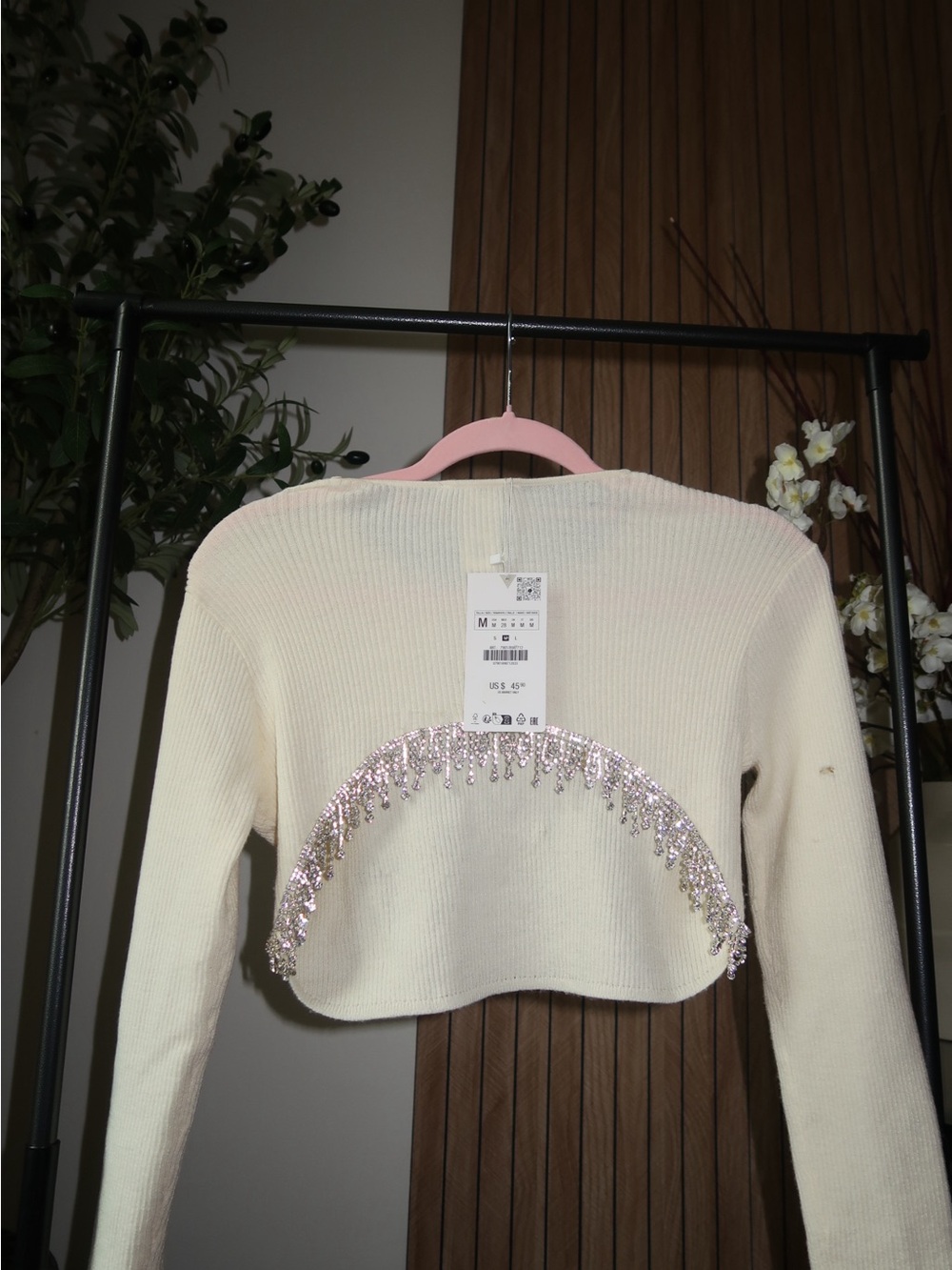 Zara Cream Ribbed Cropped Sweater with Sequin Arch